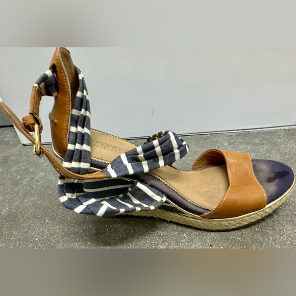 Sperry Top Sider Aurora Blue White Cross Striped Leather Wedge Sandals Size 8 - Picture 13 of 15